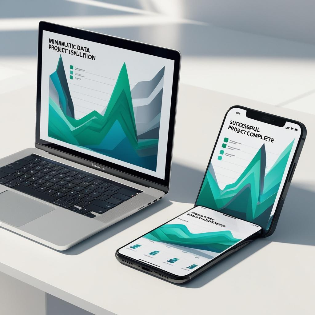alt="Laptop and foldable smartphone displaying colorful data analytics graphs with project titles on screens"