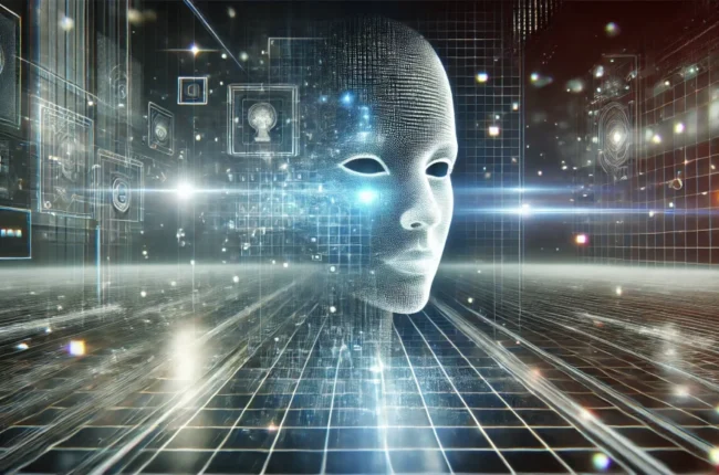 alt="Futuristic AI face in a digital grid environment surrounded by holographic data interfaces and glowing circuits"