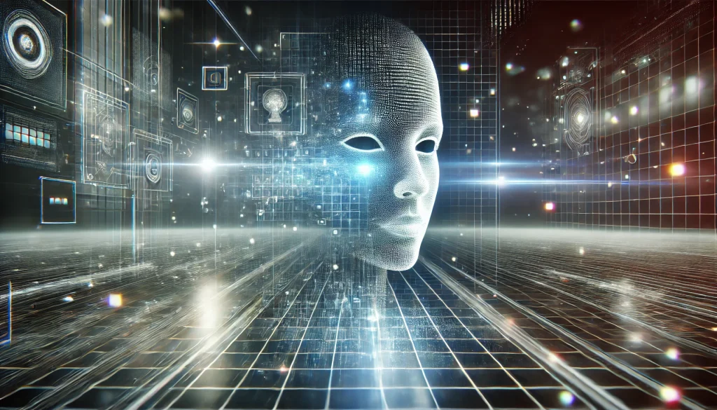 alt="Futuristic AI face in a digital grid environment surrounded by holographic data interfaces and glowing circuits"
